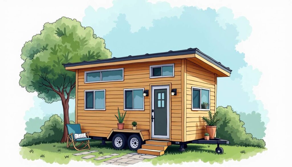 Compact yellow tiny house on wheels, ideal for experiencing the benefits of tiny house living in nature.