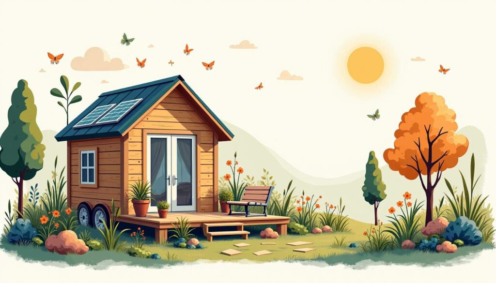 Sustainable tiny home with solar panels in a natural setting