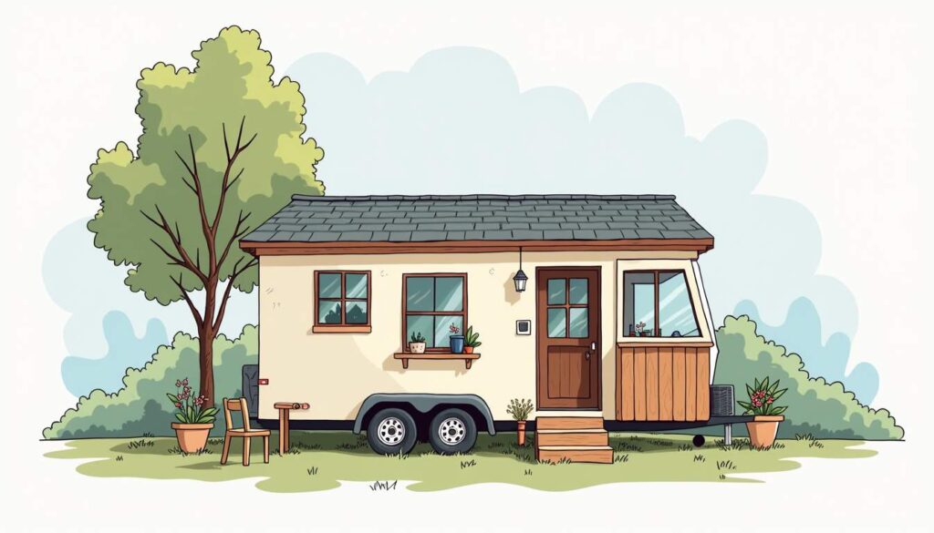Minimalist tiny house on wheels surrounded by nature, representing simple living