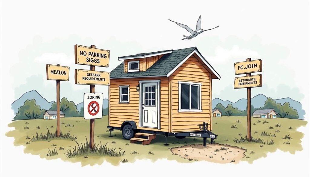Tiny house facing zoning law restrictions with no parking signs in a rural area