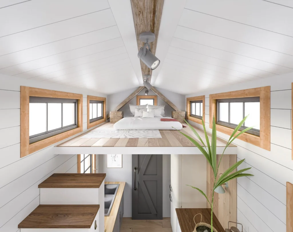 Loft bed and vertical storage as space-saving ideas for small homes