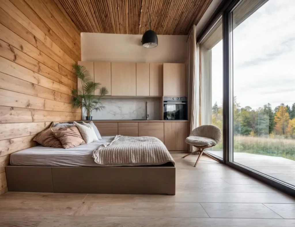 Bedroom Space in a Custom Built Tiny Home Cozy bedroom in a custom built tiny home with wood wall paneling and large windows