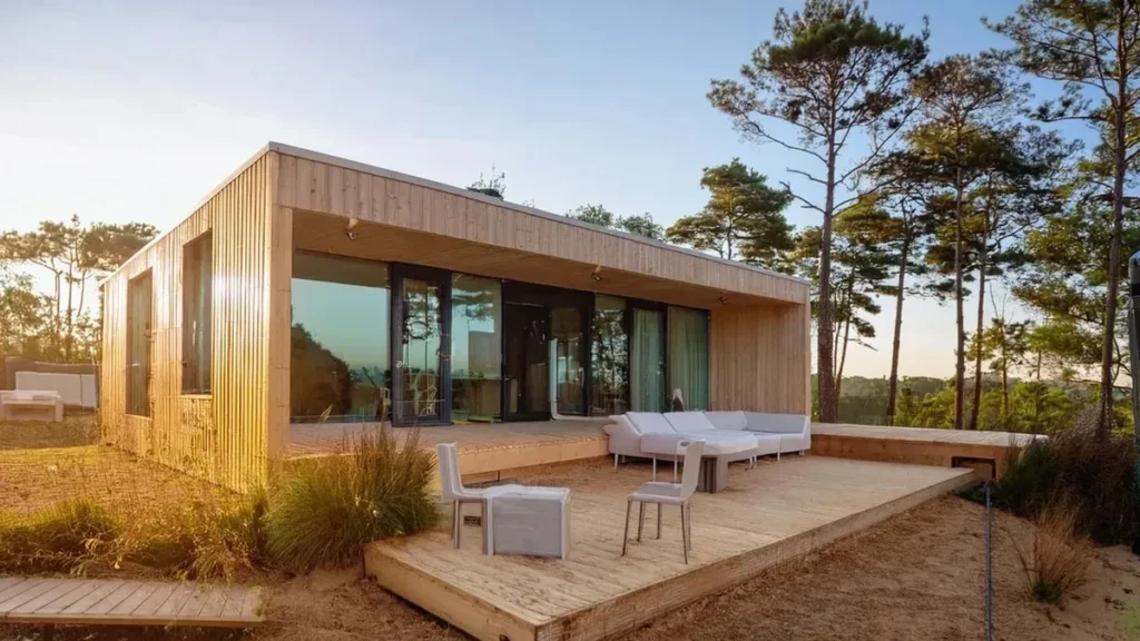 custom built tiny home with wood siding and outdoor deck, Exterior view of a modern