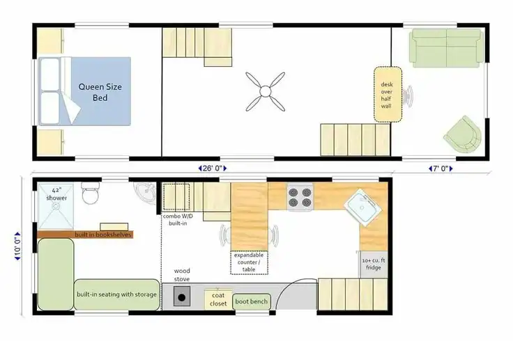 Tiny home floor plan with loft and queen size bed layout