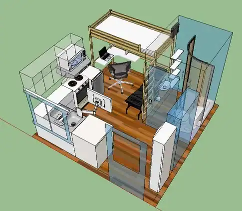 3D tiny home floor plan with loft and office space