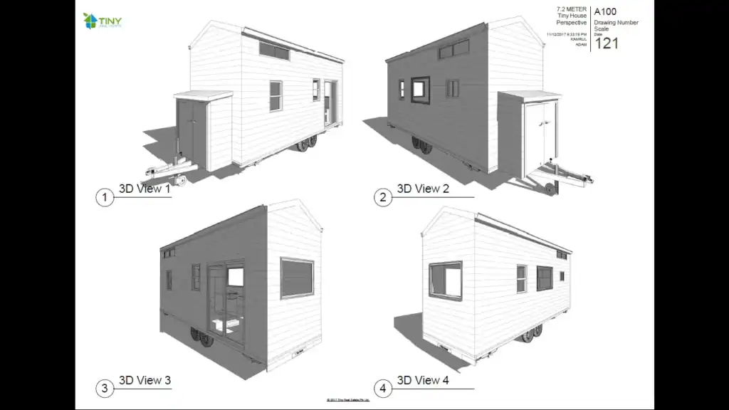 Exterior tiny home floor plan with loft in 3D model views