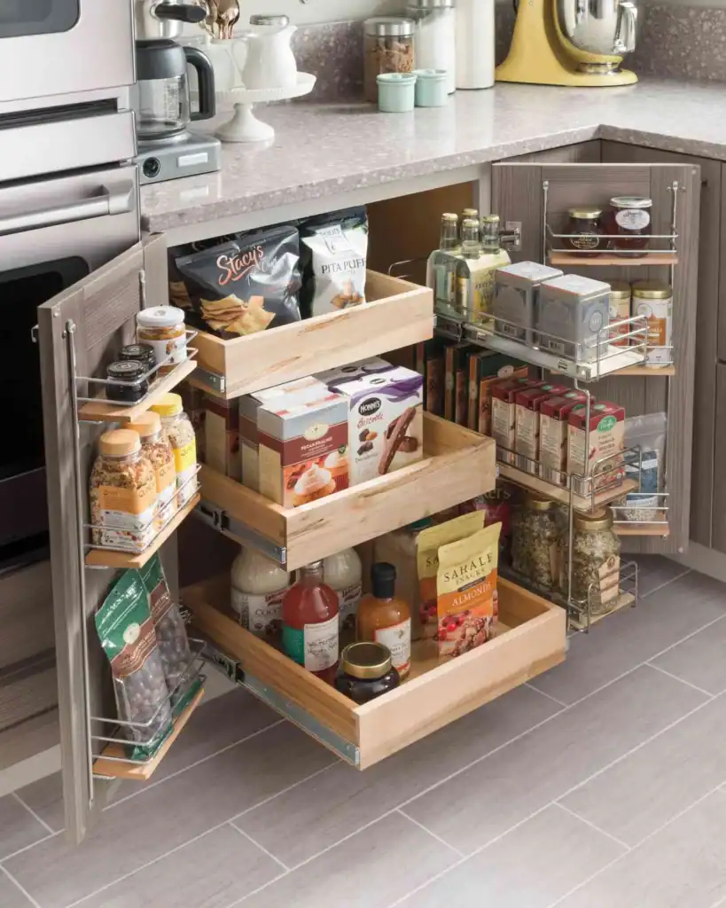 Pull-out pantry cabinet with organized food items, showcasing tiny home kitchen storage ideas
