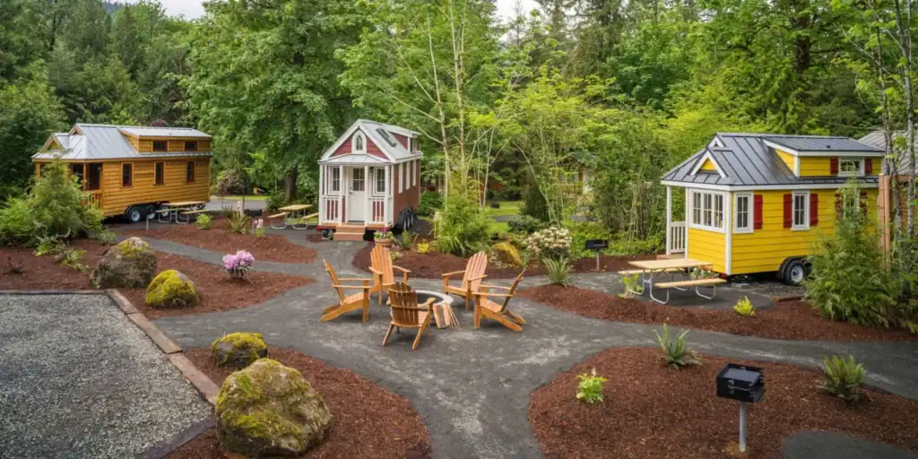 Forest tiny home communities near me with wooden cabins