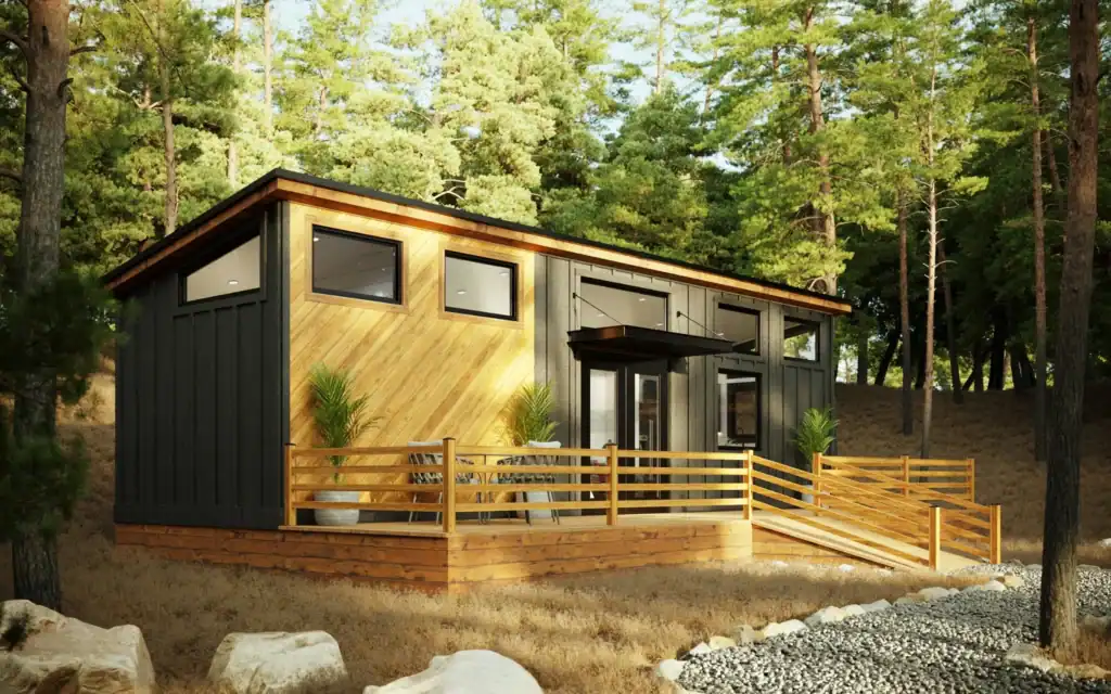 Modern tiny home builders creating minimalist cabin-style homes in natural settings.